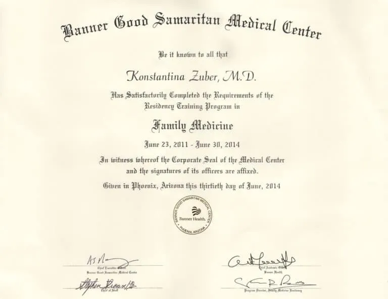Dr-Konstantina-Zuber-Banner-Good-Samaritan-Residency-of-Family-Medicine-Diploma