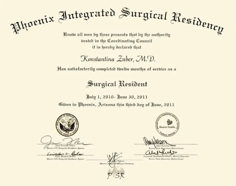 Dr-Konstantina-Zuber-Phoenix-Surgical-Residency-Diploma